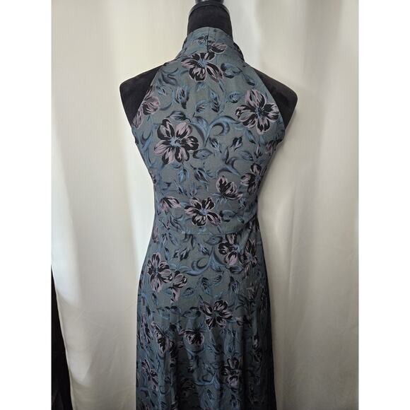 Vintage High Neck Sleeveless Dress Sheer Floral Maxi Blue Empire Waist XS 0/2 - Picture 4 of 8